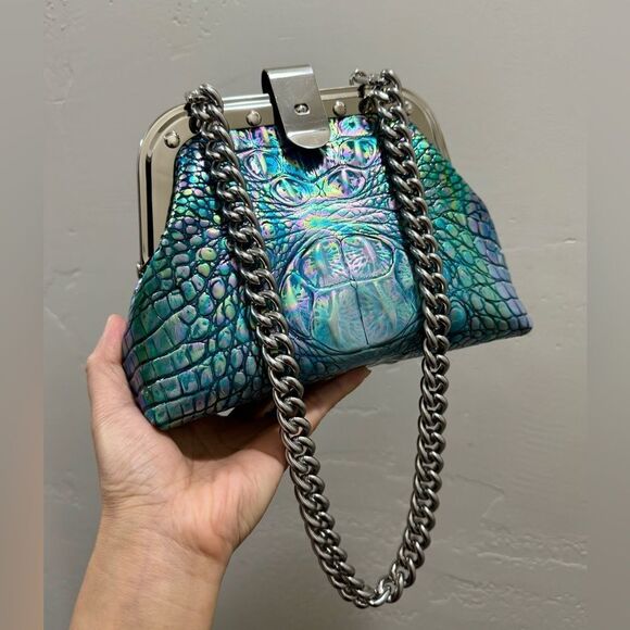 Iridescent Croc-Embossed Cowhide Handmade Unique Rivet Frame Multi Use Style Bag - Picture 10 of 16
